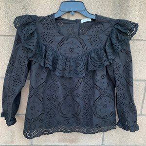 LoveShacFancy Eyelet Ruffle Top in Black - Size Large
